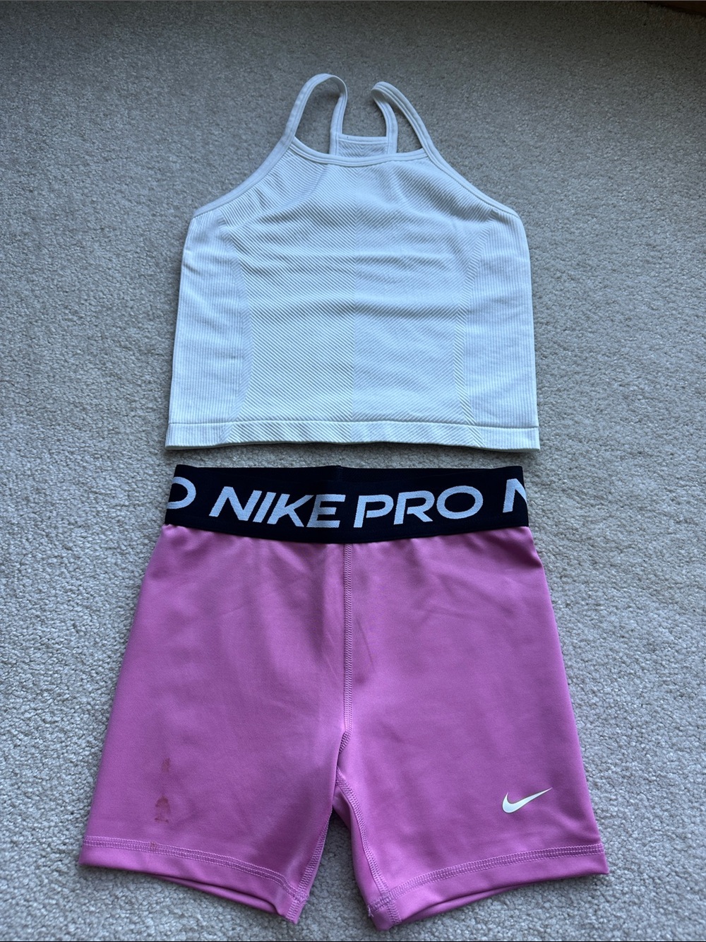 Nike Pink Athletic Bike Shorts with White Crop Tank/Bra- L(10/12)